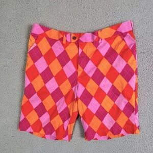 LOUDMOUTH MENS FLAT FRONT SHORTS SIZE 38 ORANGE RED PINK DIAMONDS DESIGNED
